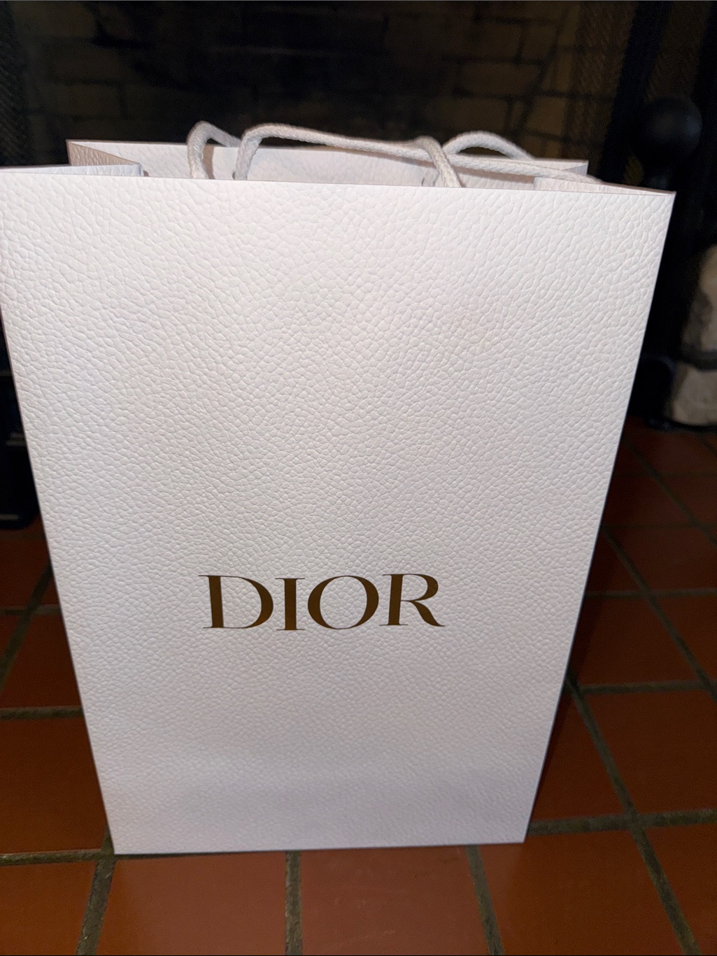 Dior White Textured Gift Bag With Gold Logo